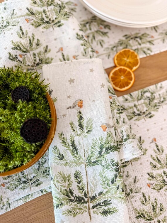 BESTSELLER! Napkins set, Robin Birds On Pine Trees, Holiday linens, Christmas decor, 100% linen
