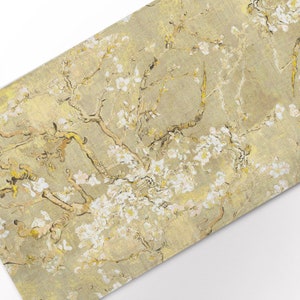 Puede incluir: Una pintura de un almendro en flor con flores blancas y ramas amarillas sobre un fondo beige claro.