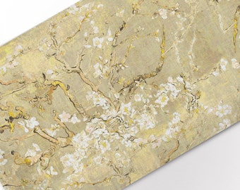 Chemin de table, fleur d'amandier, Van Gogh, or, chemin de table en lin, 100 % lin, longueur personnalisée, chemin de table en tissu, fabriqué à la main en Lituanie