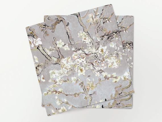 Handmade Linen Napkins, Van Gogh Almond Blossom Print, Grey Edition, 100% linen