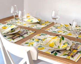 Placemats set, Tuscan Lemons, linen placemats, 100% linen, Floral print, vintage placemats