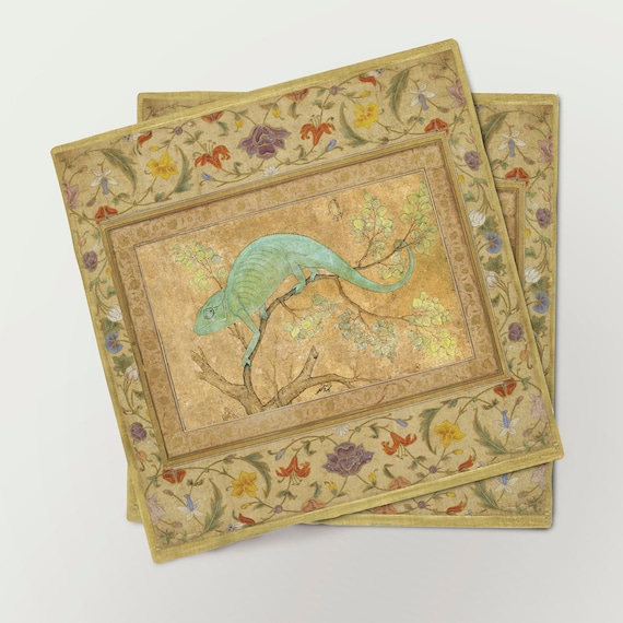 Napkins set, Chameleon, Ustad Mansur, 1612, Linen napkins, 100% linen, fabric napkins, Vintage art print