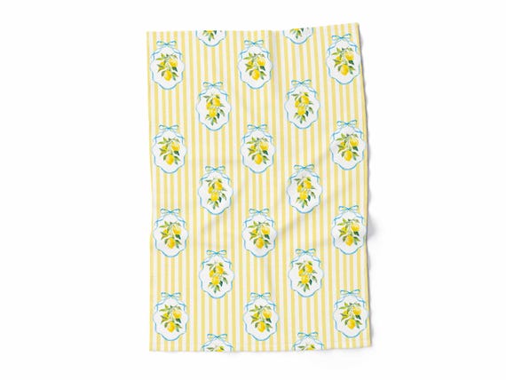 Dish towel, Summer Lemons & Yellow Stripes, fabric towel, 100% linen
