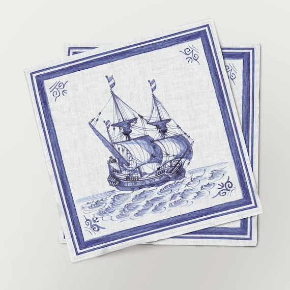 Napkins set, Navy napkins, Boats, Sail, Vintage napkins, 100% linen, matching napkins, Ships napkins, Vintage Boats, Navy print