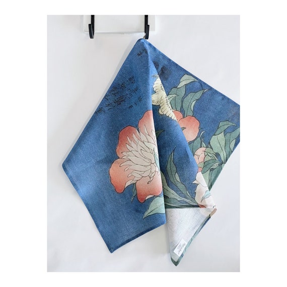 Kitchen towel, Katsushika Hokusai, Cany & Peonies, linen towel, towel with hook, 100% linen, linen kitchen towel, Japan art, LINENISLOVE