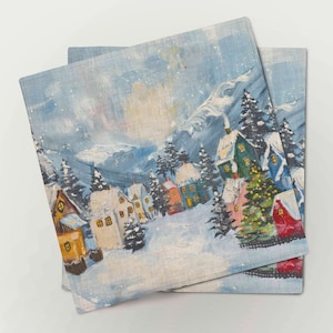 Napkins set, Mountain Village, linen napkins, Holiday decor, Christmas napkins, Christmas decor, 100% linen, Yule napkins, Winter napkins