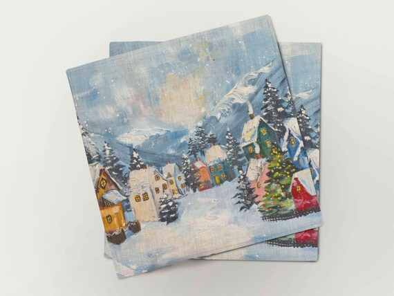 Napkins set, Mountain Village, linen napkins, Holiday decor, Christmas napkins, Christmas decor, 100% linen, Yule napkins, Winter napkins