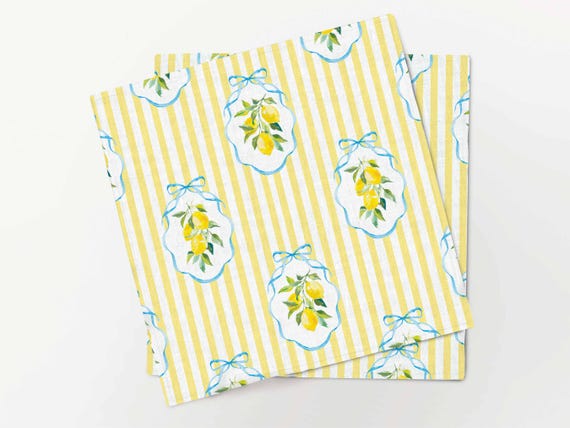 Napkins set, Summer Lemons & Yellow Stripes, linen napkins, 100% linen