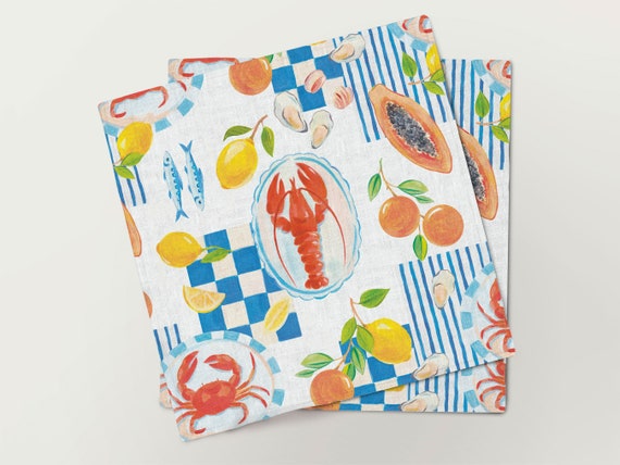 Napkins set, Seaside Party, linen napkins, 100% linen, Crabs print, Oyster napkins