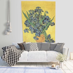 Vase with Irises, Vincent van Gogh, wall tapestry, custom size wall decor, studio decor, wall art print, Van Gogh print, 100% linen