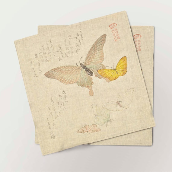 Linen napkins, Flock of Butterflies (Guncho Gafu), Kubo Shunman, Japanese, fabric napkins, vintage napkins