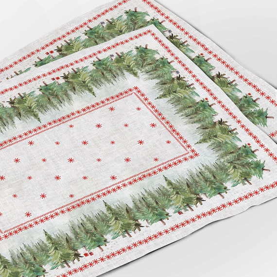 Placemats set, Ethno-Festive Fir, Christmas placemats, Christmas decor, Holiday table linens, 100% linen, linen placemats