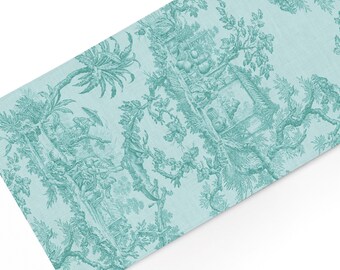Turquoise Blue Toile de Jouy Linen Table Runner, French Country Decor