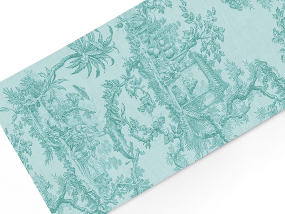 Turquoise Blue Toile de Jouy Linen Table Runner, French Country Decor