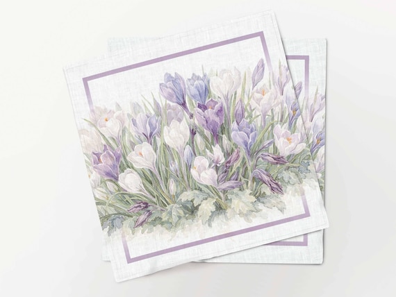 Floral Linen Napkins, Crocuses In Bloom, Handmade Table Decor