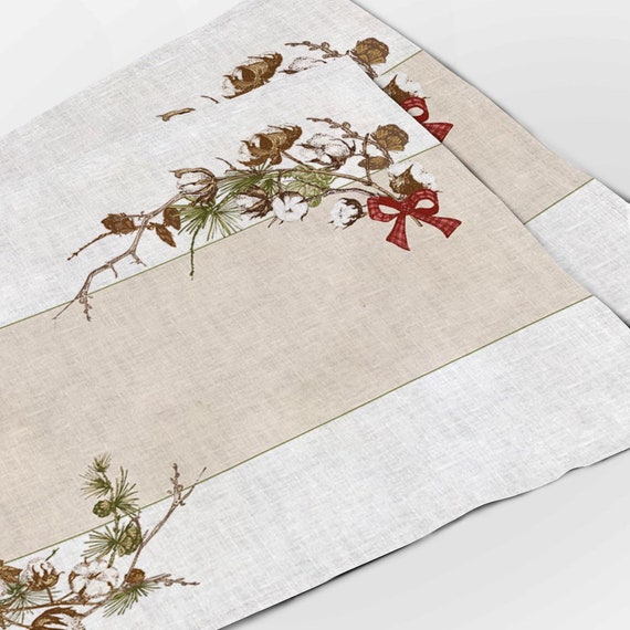 Placemats set, Botanical Garland with Christmas Plants Branches, linen placemats, 100% linen, Vintage Christmas placemats