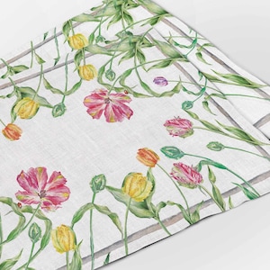 Tischsets Set, Papageientulpen, Osterdeko, Osterblumen, Ostergeschenk, Tulpen bedrucken, Leinen Tischsets, passende Tischsets und Servietten