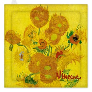 May include: A yellow pot holder featuring a print of Vincent van Gogh's "Sunflowers" painting. The image shows a bouquet of sunflowers in shades of yellow, orange, and green, with the artist's signature in red.