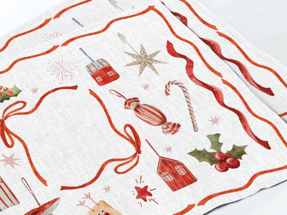 Placemat Set, Christmas Vintage Toys, Christmas Print, Holiday Decor, 100% linen placemats