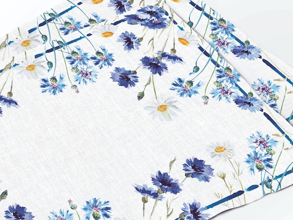 Linen Placemats Set, Cornflower, Floral Art Print, 100% linen