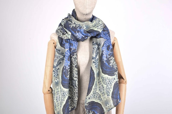 Scarf, Hokusai, Feminine wave, linen scarf, blanket scarf, linen shawl, vintage scarf, soft scarves, boho scarf, japan scarf, gift for mom