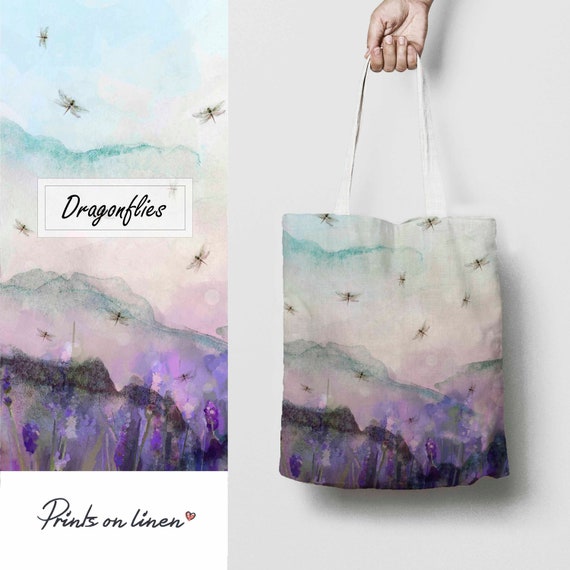 Tote bag, Dragonflies, linen bag, violet, art print, birthday gift, shoulder bag, teacher bag, vintage bag, shopping bag