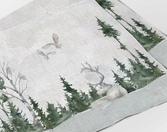 Linen Placemats Set, Winter Wildlife Landscape, Holiday Table Decor