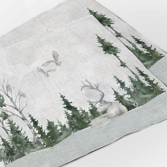 Placemats set, Wildlife Winter Landscape, linen placemats, winter placemats, Holiday placemats, 100% linen