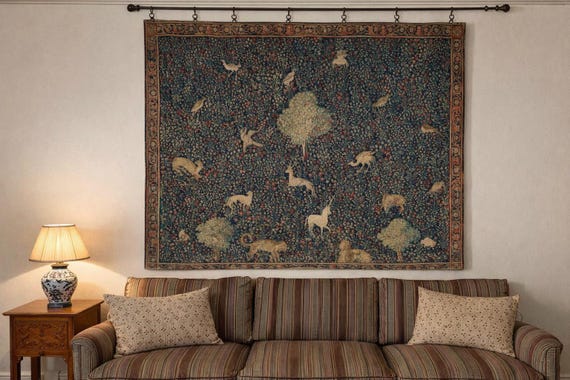 Linen Millfleurs Tapestry, Medieval Style Wall Hanging