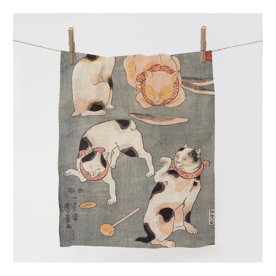 Linen Tea Towel, Utagawa Kuniyoshi, Cats in poses, Kitchen towel, linen towel, housewarming gift, hand made in Lithuania