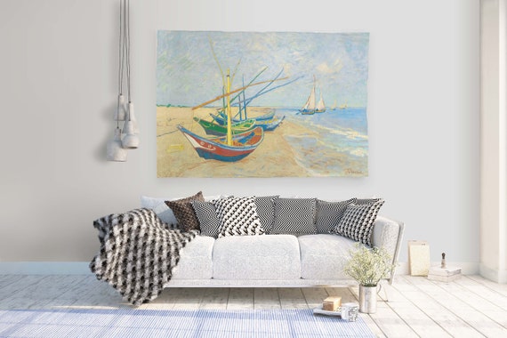 Fishing Boats On The Beach, 1888 by Van Gogh, wall tapestry, custom wall tapestry, fabric tapestry, wall art print, Van Gogh, 100% linen