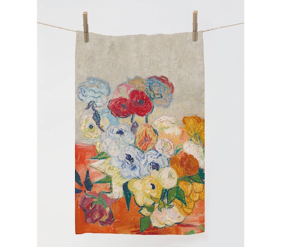 Kitchen towel, Japanese Vase with Roses and Anemones, Vincent van Gogh, 1890, 100% linen, Van Gogh