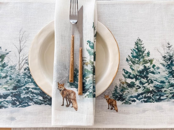 Napkins set, Fox of the Snowy Woods, Holiday dinner, Linen napkins, Christmas napkins, Christmas decor, Holiday decor, napkins pattern