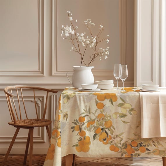Linen Tablecloth, Fruit Tree, Edward Lear Print, 100% Linen, Coastal Decor