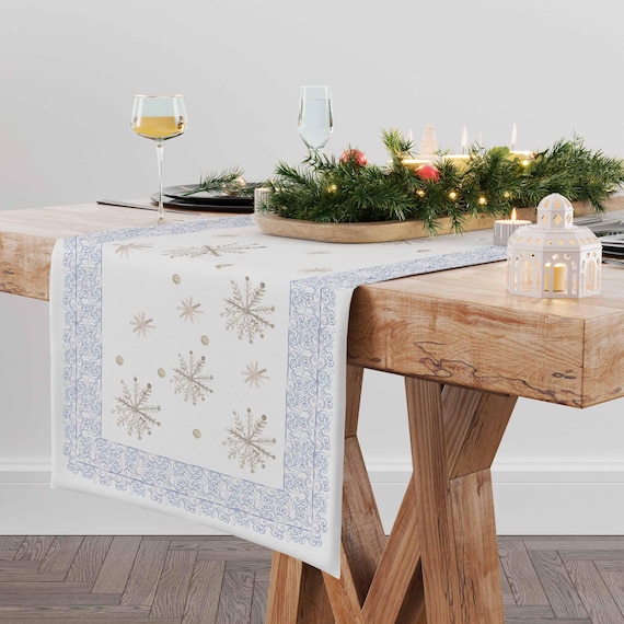 Table runner, Snow flakes, holiday decor, Christmas table runner,  linen table runner, wabi sabi, housewarming gift, Christmas gift, linen