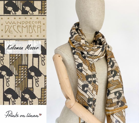 Women scarf, Koloman Moser, Washed Linen Scarf, Linen Scarf, 100% linen, Hand made in Lithuania, Europe