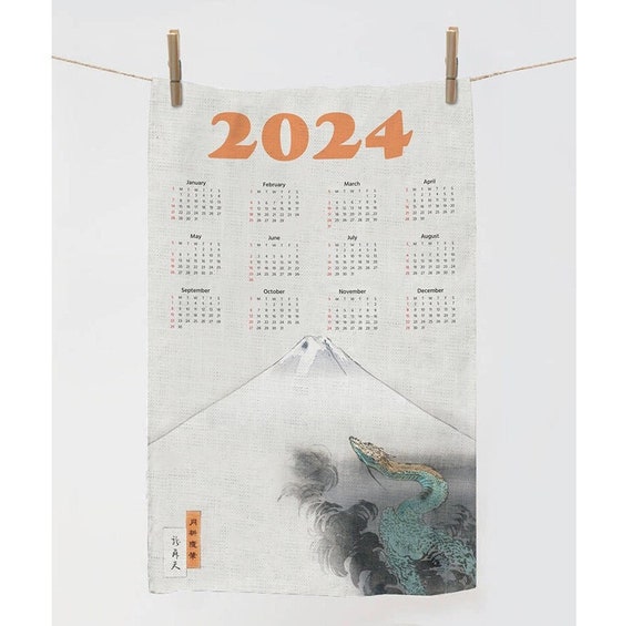 2024 Calendar Towel, Dragon towel, 2024 dragon year, Cat towel, Zodiac Tea Towel, linen towel, 100% linen