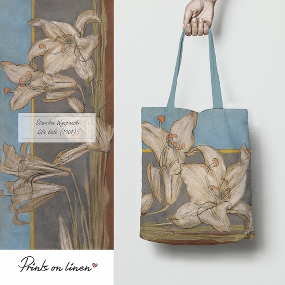 Tote bag, Lilie Biale, 1094, Stanisław Wyspiański, linen tote bag, 100% linen, fabric bag, shopping bag