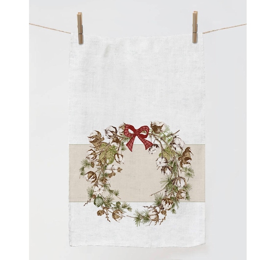 Towel, Botanical Garland with Christmas Plants Branches, Christmas Kitchen decor, Vintage Holiday decor, 100% linen