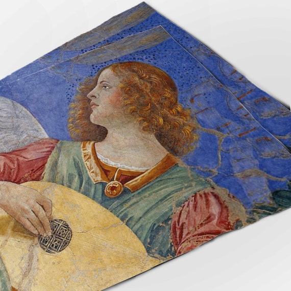 Placemats set, Melozzo da Forlì, An angel playing the lute, art print, linen luxury, 100% linen