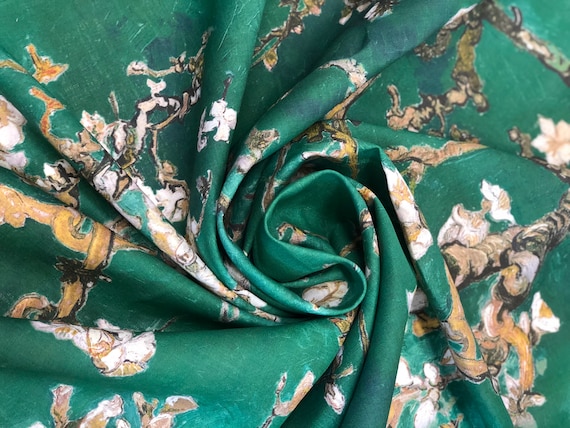 Emerald fabric, Forest green fabric, Vincent van Gogh, Almond Blossom, fabric by meters, fabric by yards, 100% linen, linen fabric