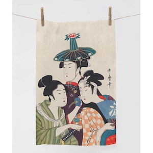 Linen Kitchen Towel, Utamaro Kitagawa Three Young Women Print