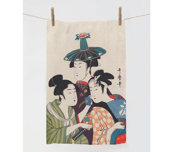 Linen towel, Utamaro Kitagawa, Three Young Women, Kitchen towel, Japanese towel