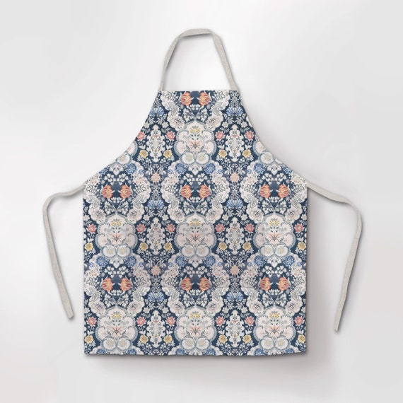 Linen apron, Anna Maria Garthwaite, Blue Flowers pattern, apron with pocket, Cross back apron, 100% linen, linen apron wholesale
