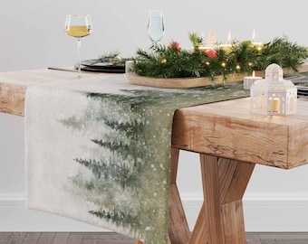 Table runner, Magical Christmas landscape, Watercolor Christmas, Forest, linen table runner, 100% linen
