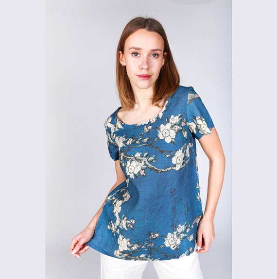 Shirt, Hokusai, A Bullfinch and A Dropping Cherry, Sustainable linen blouse, Eco-friendly linen blouse, Linen top for women