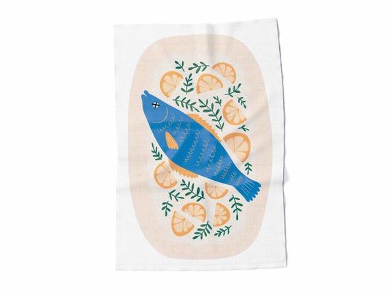Kitchen towel, Fish, modern kitchen decor,  linen towel, hand towel, 100% linen