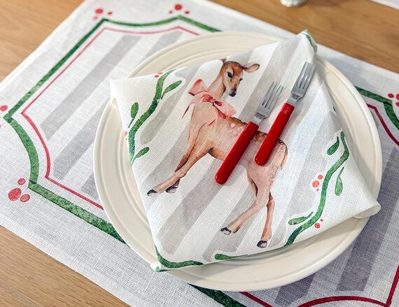 Napkins set, Deer & Cheer, 100% linen, Christmas table, holiday napkins, Christmas napkins, vintage Christmas