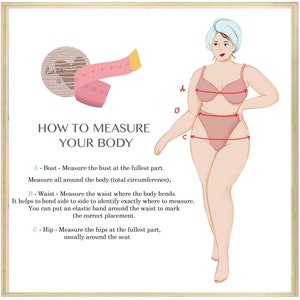 May include: Illustration showing how to measure the bust, waist, and hips. A woman is shown with a measuring tape around her body. The text reads: "How to Measure Your Body".