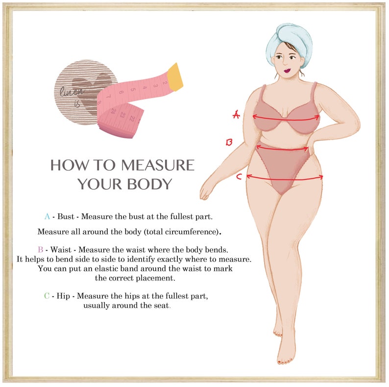 May include: Illustration showing how to measure the bust, waist, and hips. A woman is shown with a measuring tape around her body. The text reads: "How to Measure Your Body".